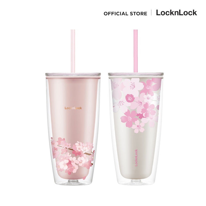 พร้อมส่ง แก้วพลาสติก 2 ชั้น 720ml มีหลอด ลายซากุระ สีชมพู locknlock double wall cold cup HAP509 ขนาด 720 มล.