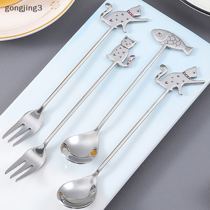 Gongjing3 ช้อนกาแฟสเตนเลส 304 ลายแมวน่ารัก กลวง สําหรับนักเรียน เด็ก