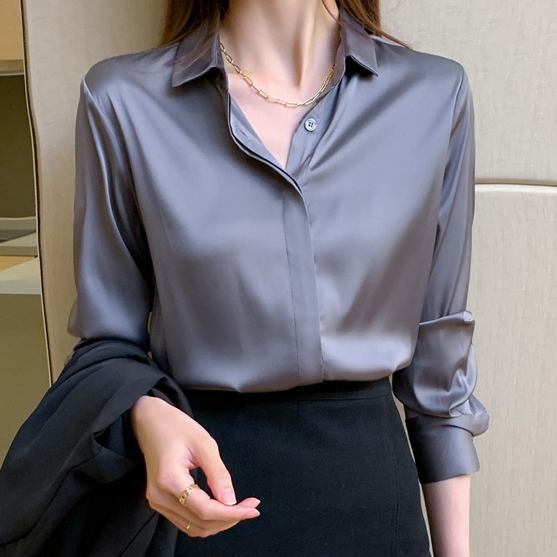 เสื้อเชิ้ตแขนยาว ผ้าซาติน ระดับไฮเอนด์ แบบเรียบ น้ําหนักเบา สไตล์ฮ่องกง สําหรับผู้หญิง มี 8 สี
