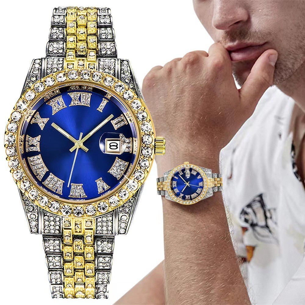สายเหล็ก Rhinestone ปฏิทินนาฬิกาควอตซ์ผู้ชายผู้หญิง Unsex Roman Scale Men นาฬิกาควอตซ์
