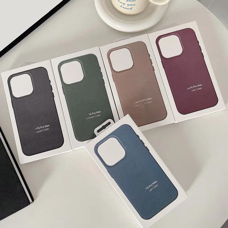 FineWoven เคสโทรศัพท์แม่เหล็กชาร์จไร้สายสําหรับ iPhone 15 Pro Max 15 Plus ป้องกันภาพเคลื่อนไหว Pop-up ฝาครอบหน้าต่าง