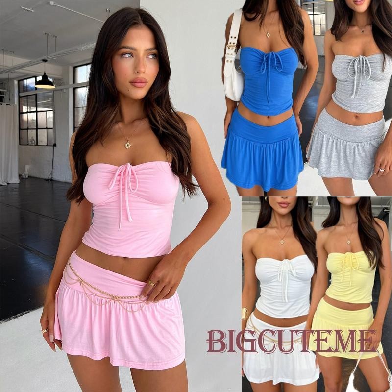 []- เสื้อท็อปส์ แบบผูกเชือก สีพื้น พร้อมกระโปรงสั้น สําหรับผู้หญิง 2 ชิ้น