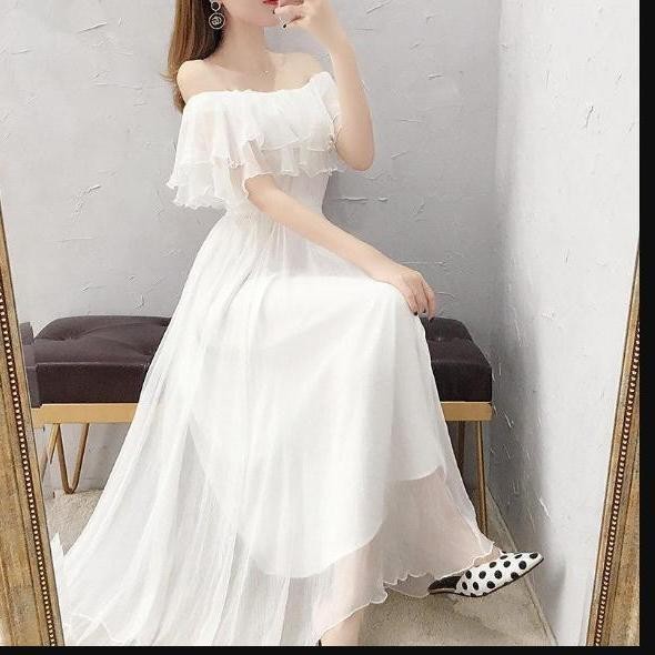 ♛-❀ชุดเดรสยาวเปิดไหล่เปิดไหล่สำหรับผู้หญิงเก็บเอวใส่แล้วดูผอมสไตล์ตะวันตกใส่แล้ว2ชั้น