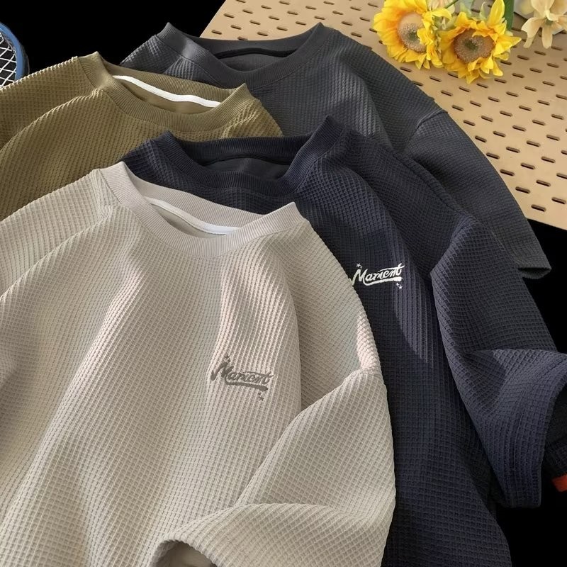 【M-5XL 】เสื้อยืดคอกลม แขนสั้น พิมพ์ลายวาฟเฟิล ภาษาอังกฤษ เรียบง่าย แฟชั่นฤดูร้อน
