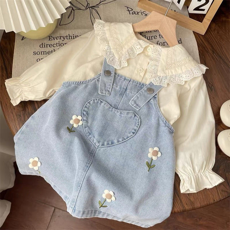 [Aria] 🌺ชุดเซ็ทเด็กผู้หญิง🐬  เดรสยีนส์ปักดอกไม้สไตล์เกาหลี+เสื้อคอตุ๊กตา