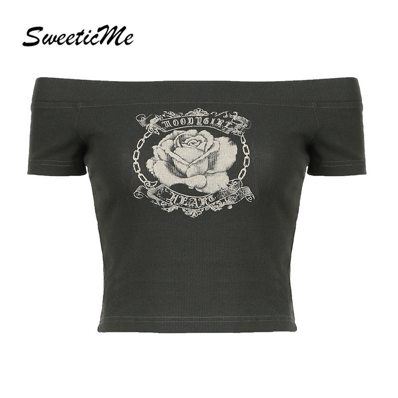 Sweeticme ใหม่ เสื้อยืด เปิดไหล่ พิมพ์ลายดอกกุหลาบ เข้ารูป เซ็กซี่ เข้ากับทุกการแต่งกาย แฟชั่นสําหรับผู้หญิง 2024