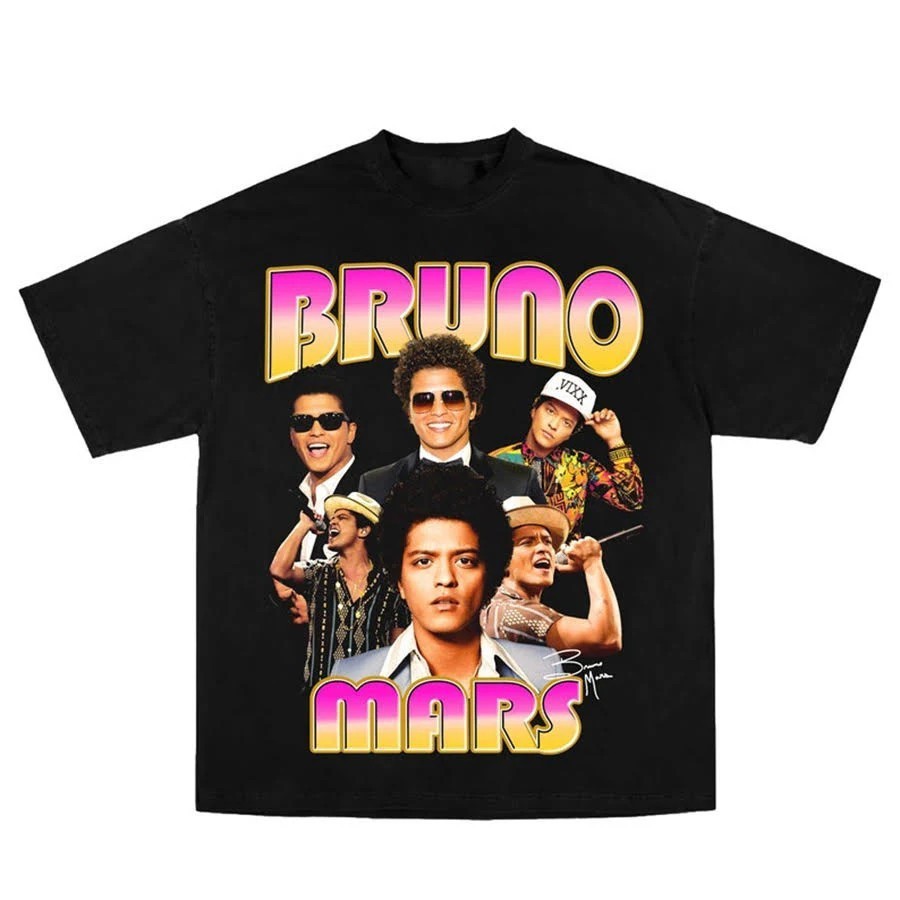 Ships from Thailand เสื้อยืด Bruno Mars ยืดคอตตอน New WaveS-3XL เสื้อเชิ้ตสไตล์เรโทร สีดำ พิมพ์ลายกร