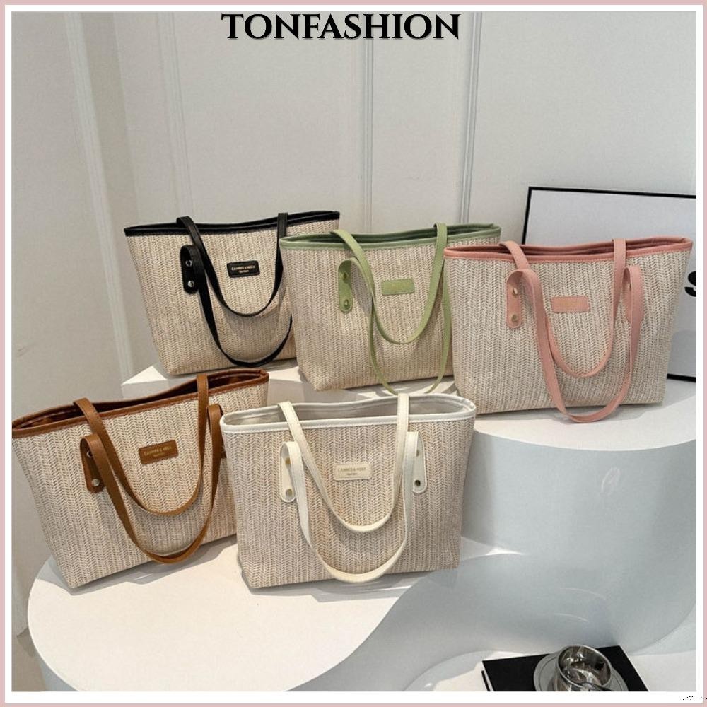 Tonfashion กระเป๋าสาน ฟางสาน ความจุขนาดใหญ่ อินเทรนด์ อินเทรนด์ ชายหาด 2024 กระเป๋าลําลอง ย้อนยุค ผู้หญิง