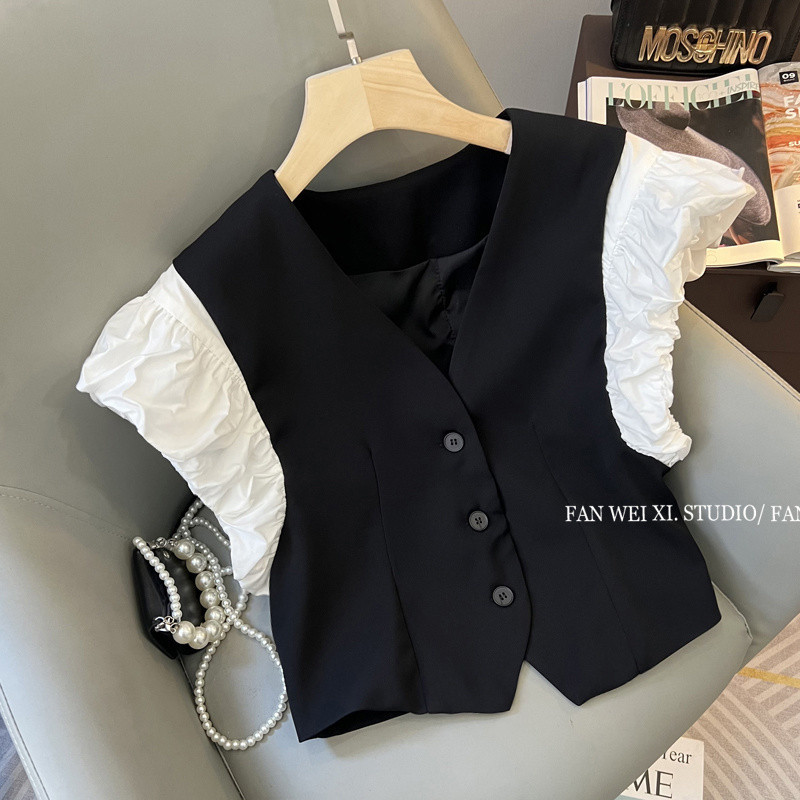 2024 summer new French all-matching slimming stitching contrast color Feifei sleeve V-neck suit vest women's short blouse