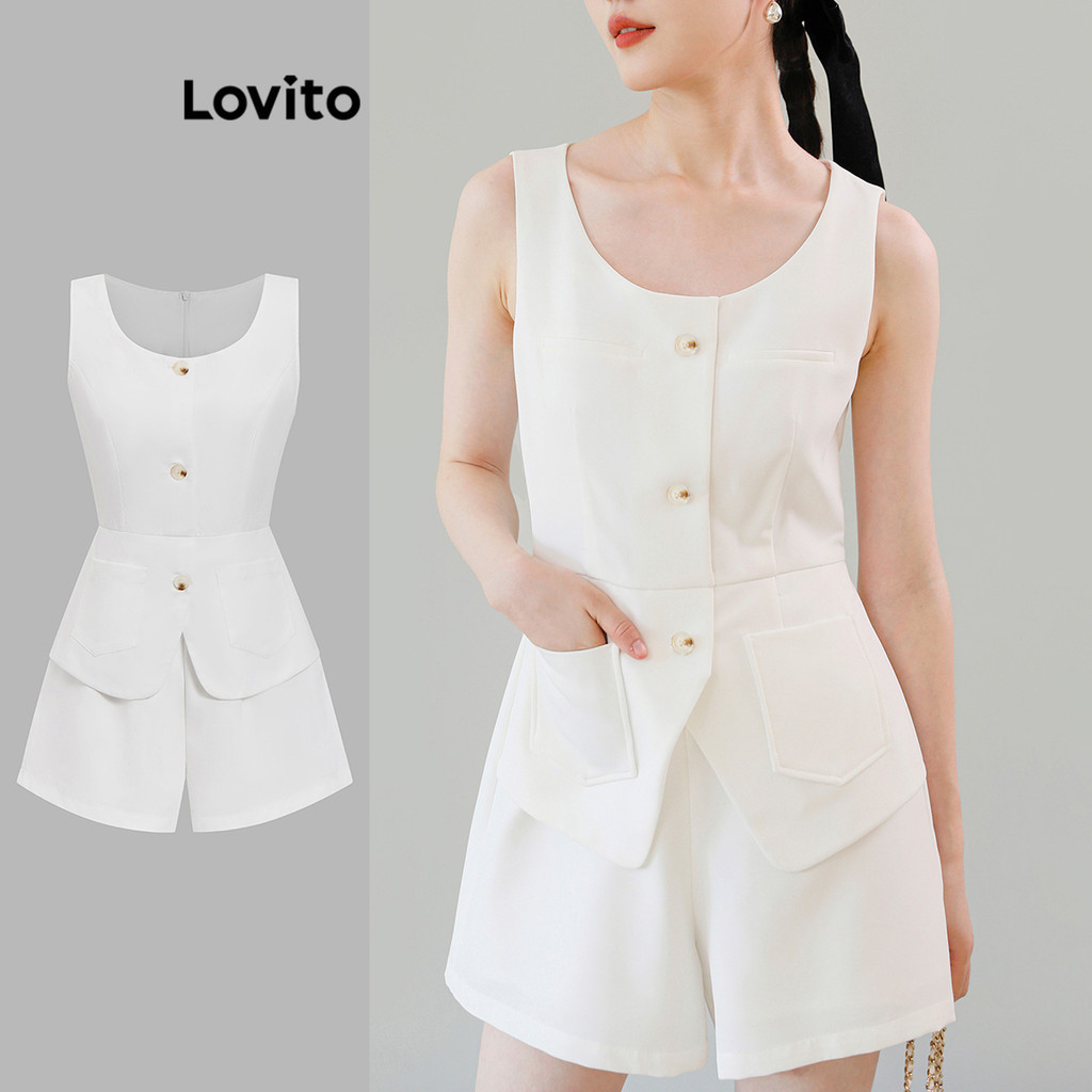 Lovito จั๊มสูทผู้หญิง เย็บหลอกสองชิ้น สีพื้น สไตล์หรูหรา L80ED473