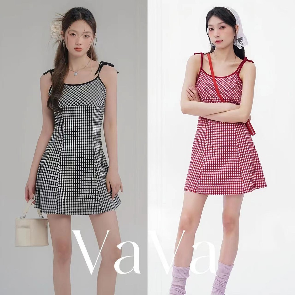 VaVa Sunset Sweet Wine~กระโปรงลายสก็อตผู้หญิงชุดเดรสทรง A-line เปลือยหลังระดับไฮเอนด์