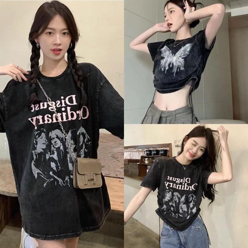 เสื้อยืดแขนสั้นลําลอง คอกลม ตัวสั้น สไตล์เกาหลี แฟชั่นเรโทร สําหรับผู้หญิง 2024เสื้อครอป