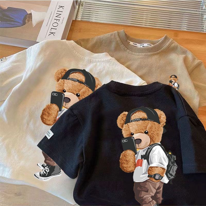 [เสื้อยืดเด็ก] เสื้อยืดแขนสั้น คอกลม ผ้าฝ้าย 100% พิมพ์ลายหมี แฟชั่นฤดูร้อน สําหรับเด็กผู้ชาย และเด็กผู้หญิง (10-37 กก.)