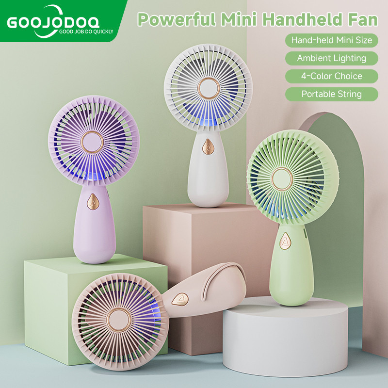 GOOJODOQ พัดลมมือถือ ขนาดเล็ก พกพาง่าย ชาร์จ USB มีไฟเอฟเฟค LED สีฟ้า 4 สี สําหรับเด็ก