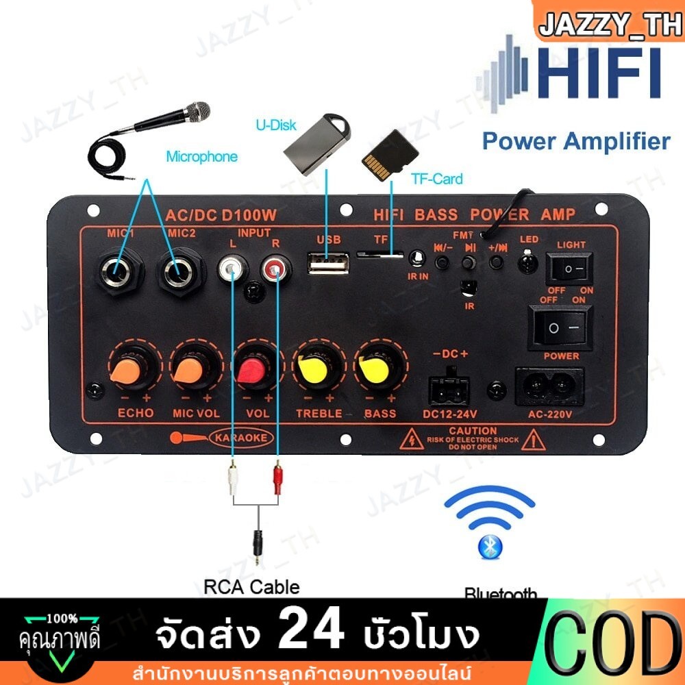 【Jazzy】แอมป์บลูทูธ แอมป์จิ๋ว เครื่องขยายเสียง 2ch บลูทูธ usb ฟังชั้นครบ โมแรงๆ 12/24/220V ปรับเอคโค่ D100