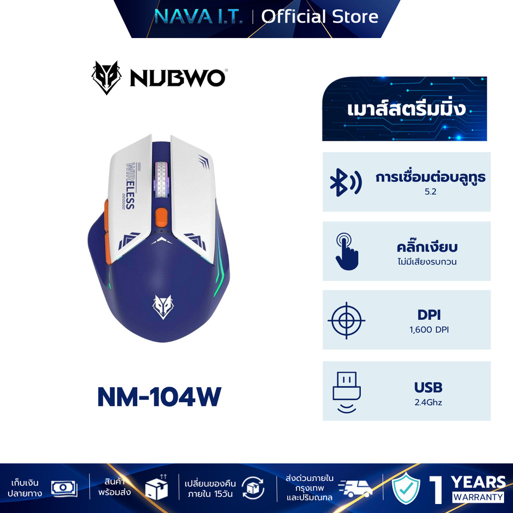 NUBWO NM-104W BLUE WIRELESS & BLUETOOTH GAMING MOUSE มีไฟ LED เมาส์ไร้สาย