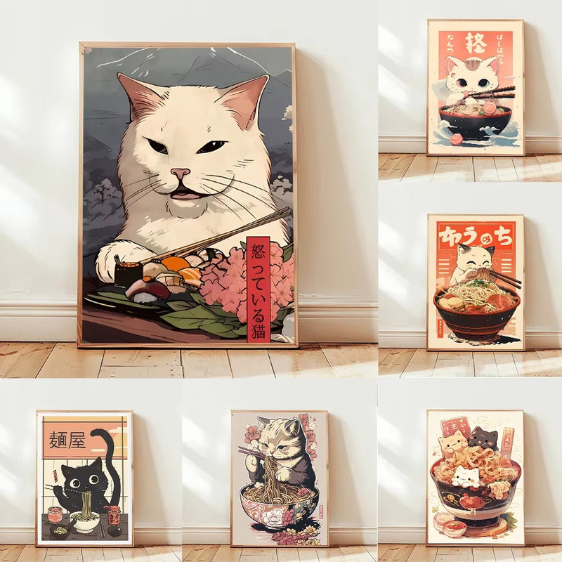 Kawaii ญี่ปุ่น Ramen สัตว์แมวโปสเตอร์ผ้าใบพิมพ์ภาพวาดตกแต่งบ้านก๋วยเตี๋ยวอาหาร Wall Art โปสเตอร์ห้องครัวตกแต่งห้อง
