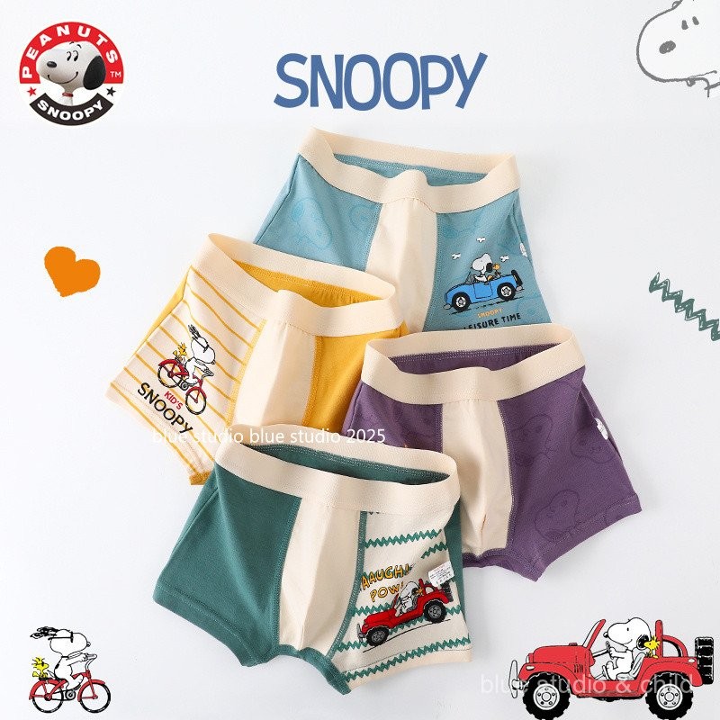 [ชุด Snoopy ใหม่~4 ชิ้น] กางเกงในผ้าฝ้ายสำหรับเด็กชาย~กางเกงบ็อกเซอร์สำหรับเด็กโต