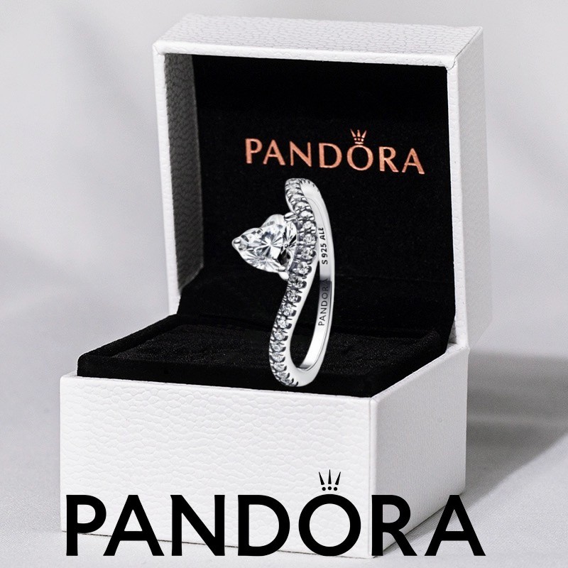 100% PANDORA ของแท้ S925 จี้สร้อยข้อมือเครื่องประดับเงินแท้ Wavy Pavé Heart Ring 193661ค01