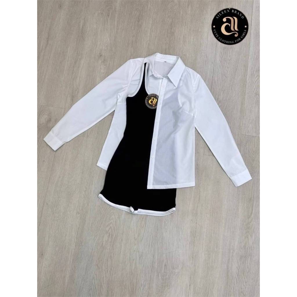 Sani.studio (พร้อมส่ง) Aileen3 Set 2 ชิ้น สูทแขนกุดขาสั้นเนื้อผ้าร่องนิ่มสีดำไม่เสริมฟองน้ำ ไม่มีซิป