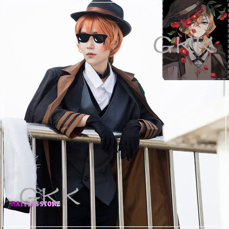 GK Bungo Stray Dogs Cosplay Nakahara Chuuya Costume Wig Hat Glove Jacket Pants Chuya Nakahara Anime 