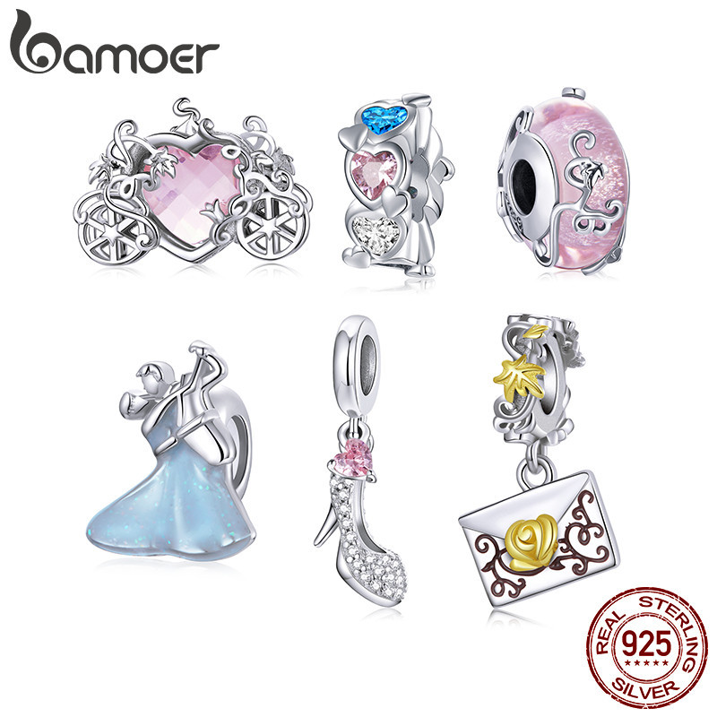 Bamoer จี้ลูกปัดเงินแท้ 925 รูปหัวใจ สีชมพู สําหรับเต้นรํา เครื่องประดับ สร้อยข้อมือ วันวาเลนไทน์