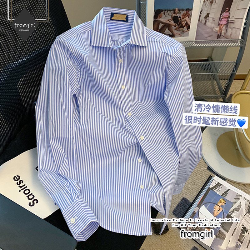 เสื้อเชิ้ตแขนยาวลําลอง ทรงหลวม ลายทาง สีฟ้า และสีขาว แฟชั่นฤดูใบไม้ผลิ สําหรับผู้หญิง 2024