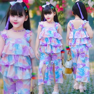 พร้อมส่ง งานเซทเสื้อระบาย 3 ชั้นลายมัดย้อม + กางเกงผ่าหน้าแต…