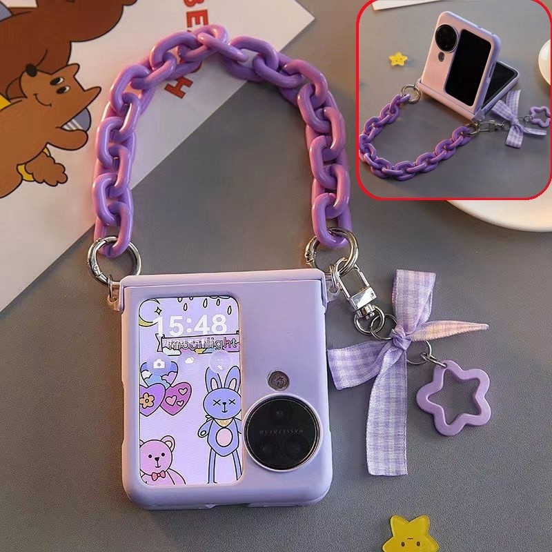 เคสโทรศัพท์มือถือ PC แข็ง กันกระแทก ปิดด้านหลัง ประดับโบว์ พร้อมสายโซ่คล้องข้อมือ สําหรับ OPPO Find N3 N2