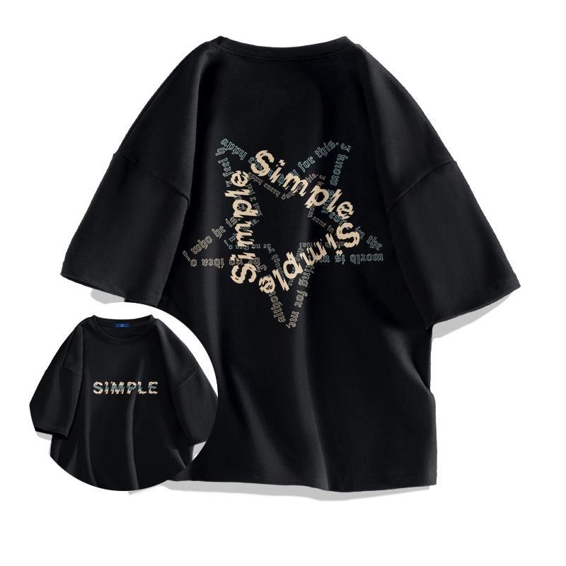 เกาหลี เสื้อแบบดารา เสื้อยืดแขนสั้น CMDXY0417 ผู้ชาย ผู้หญิง ลายทาง ตัวอักษร หลวม ลายสกรีน ฤดูร้อน ฤดูใบไม้ผลิ