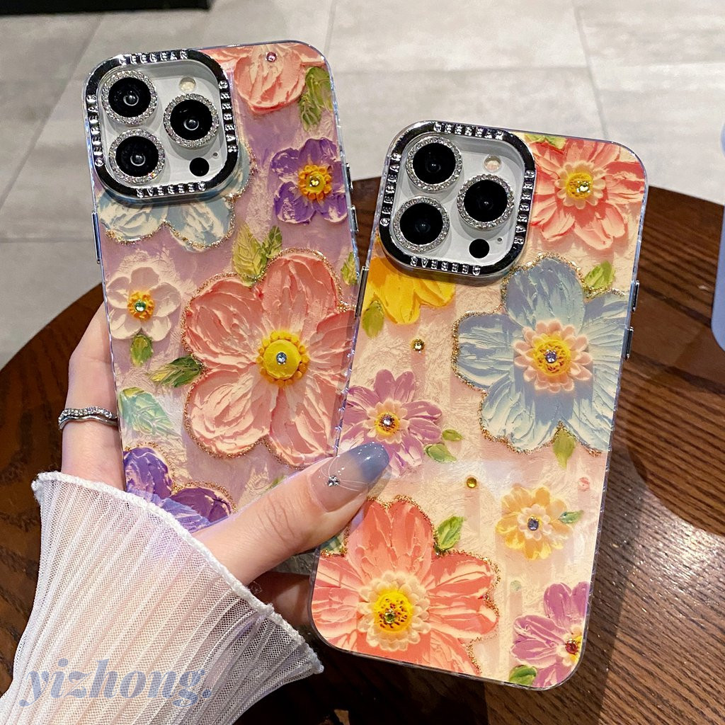 ปลอกสําหรับ iPhone 17 Air 16 15 Pro Max 11 14 12 13 Creative Blu-ray Design ภาพวาดสีน้ํามันดอกไม้กันกระแทก TPU Anti-scratch เคสโทรศัพท์พร้อมฟิล์มกล้องเกราะป้องกัน