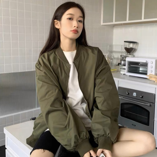 24 ปีใหม่เกาหลี All-Match บาง Retro Stand-Up Collar ลําลองหลวมชุดเบสบอล Overalls เสื้อแจ็คเก็ตผู้หญิงจําสไตล์ C4TF