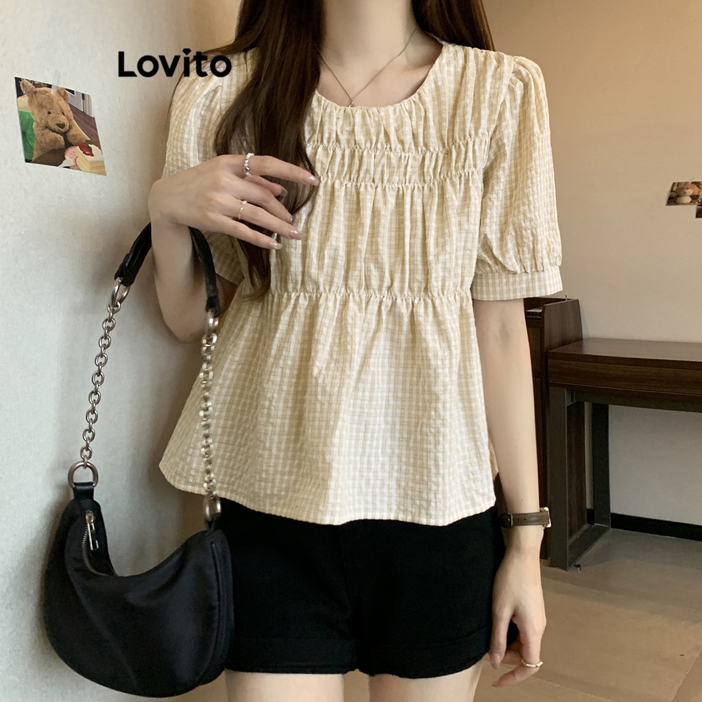 Lovito เสื้อเบลาส์ผู้หญิง แต่งสม็อค สีพื้น สไตล์ลำลอง LNE27280 (สีเหลือง)