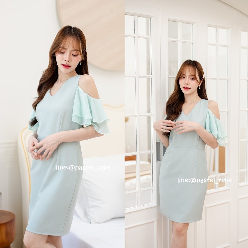 Vela off-shoulder dress : สีเขียว