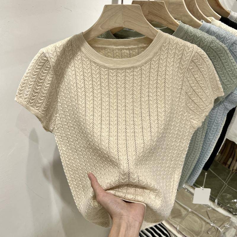 K เสื้อถัก แขนสั้น คอกลม บาง แว็กซี่ แบบนิ่ม สําหรับผู้หญิง