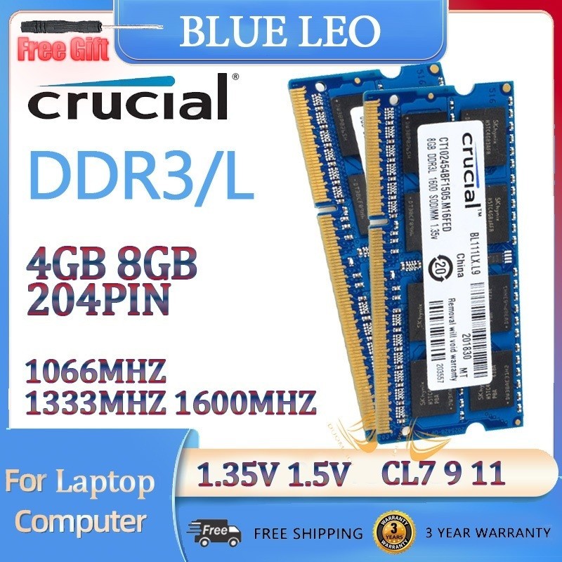 Crucial หน่วยความจําแล็ปท็อป 4GB 8GB RAM DDR3 DDR3L 1066MHZ 1333MHZ 1600MHZ PC3 PC3L 8500S 10600S 12800S 2RX8 204PIN SODIMM