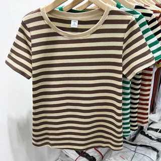เสื้อยืดแขนสั้นลําลอง ทรงหลวม ลายทางวาฟเฟิล สีตัดกัน แฟชั่นฤดูร้อน สําหรับผู้หญิง
