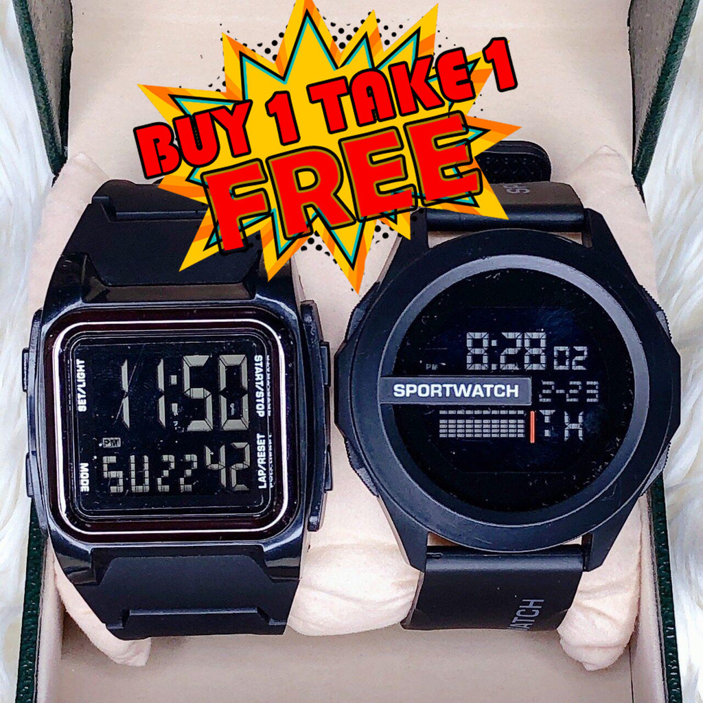 Poshi ซื้อ 1 Take 1 นาฬิกาจัดส่งฟรีนาฬิกาสําหรับผู้ชายกันน้ํา LED Multi-function กีฬานาฬิกาข้อมือดิจิตอล Jam Tangan Lelaki