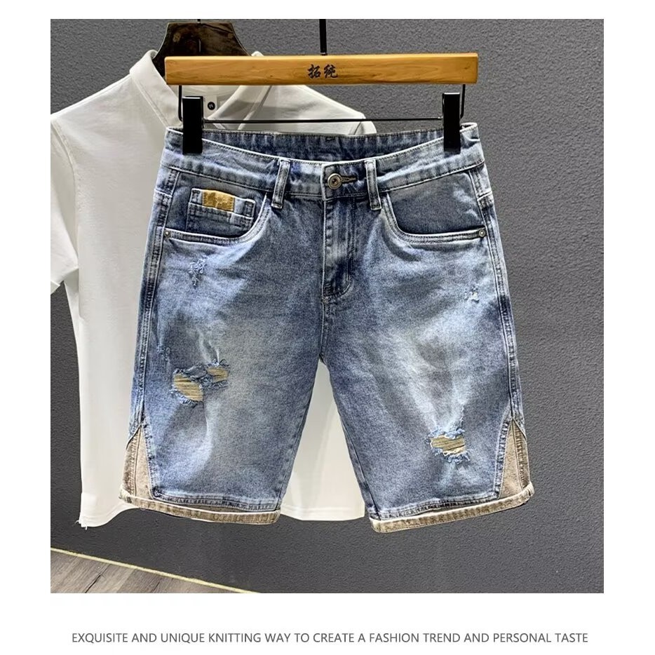 กางเกงยีนขาสั้น ระดับไฮเอนด์ แต่งรอยขาด หรูหรา สไตล์เรโทร สําหรับผู้ชาย - รูปที่ 6