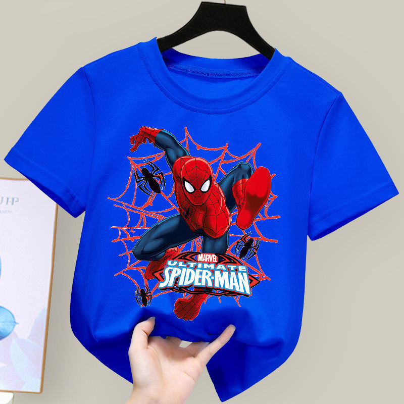 เสื้อยืดแขนสั้น พิมพ์ลายการ์ตูนสไปเดอร์แมน ดูดซับเหงื่อได้ดี แฟชั่นฤดูร้อน สําหรับเด็กผู้ชาย 2024