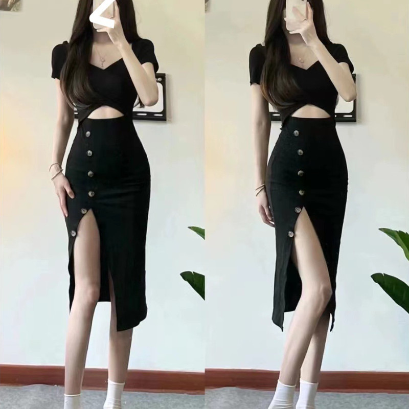 IELGY Hot Girl Royal Sister ชุดเดรสปกสะโพกผ่าแขนสั้นสีดําสําหรับผู้หญิง