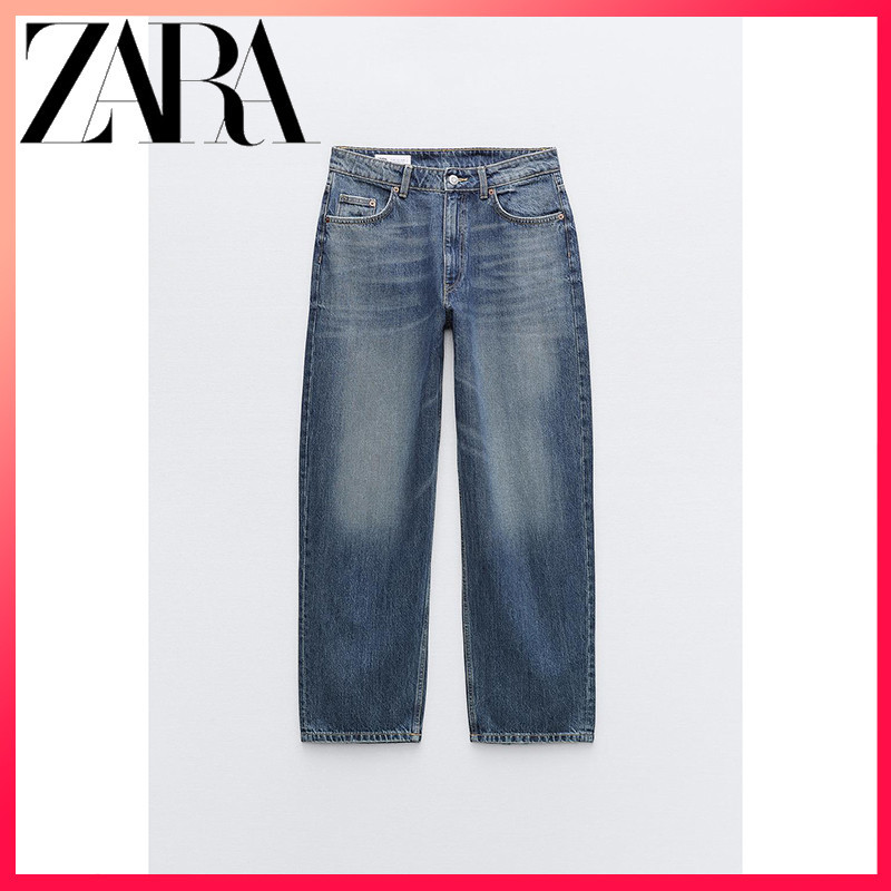 Zara 24 ฤดูใบไม้ผลิ สินค้าใหม่ กางเกงยีน เอวกลาง ทรงบอลลูน TRF สําหรับผู้หญิง