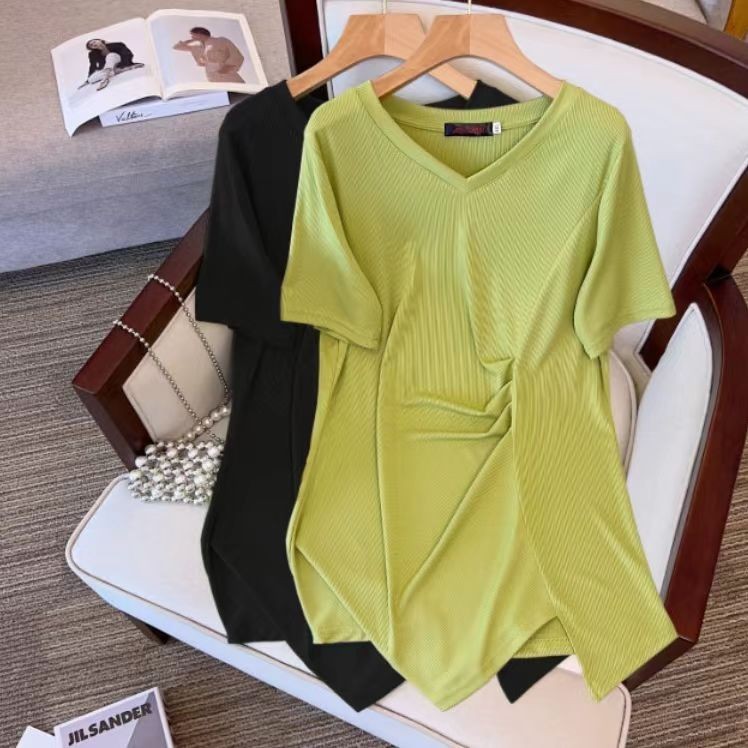 [Tops Oversize] เสื้อยืดแขนสั้น คอวี ทรงหลวม พลัสไซซ์ แฟชั่นสไตล์เกาหลี (40-150 กก.)