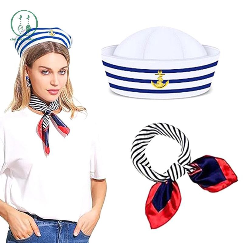 [Chicnest] ผู้หญิงผ้าพันคอสี่เหลี่ยมเล็กชุดกะลาสี Stewardess ลาย Patchwork ซาตินผ้าพันคอ Carnival คริสต์มาสลาย Navy Sailor Boutique