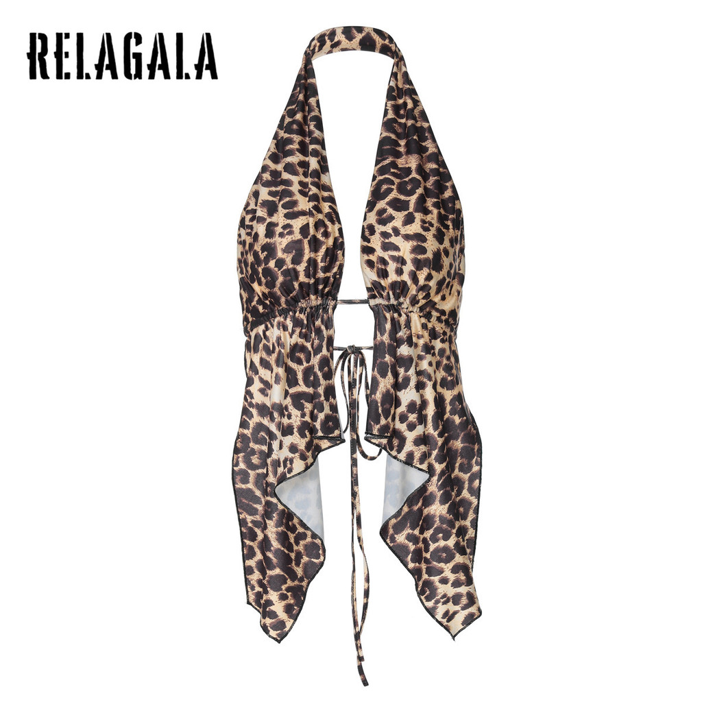 RELAGALA ผู้หญิง 2025 เซ็กซี่ พิมพ์เสือดาว Halter แขนกุดSlim Fit เสื้อกล้าม