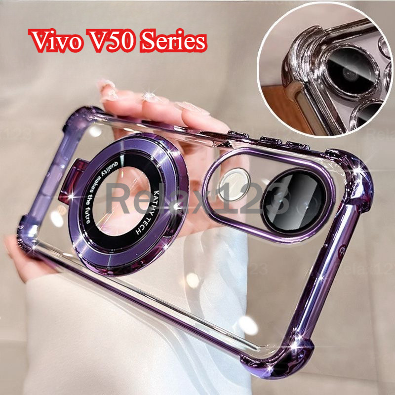 สําหรับVivo V50 5G V60 V60Pro VivoV50 5G Vivo V 50 5G Vivo V50 Pro 5Gปลอก2025 Soft Clearสี่มุมหนาชุบซิลิโคนเคสโทรศัพท์พร้อมที่วางขาตั้งแม่เหล็กฝาหลัง