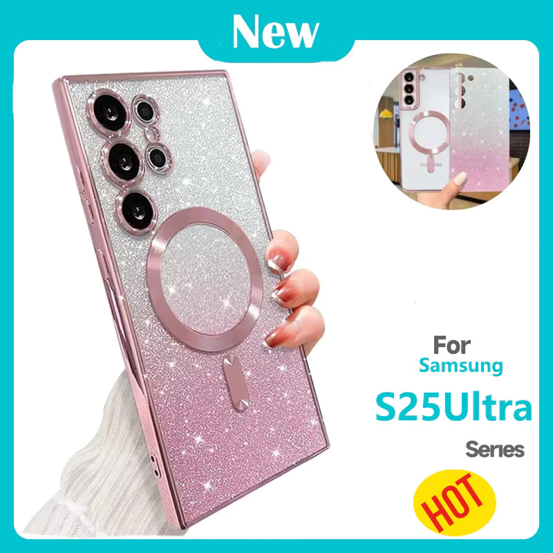 Glitter โปร่งใสแม่เหล็กนุ่มสําหรับ Samsung Galaxy S24 S25 Ultra S23 S22 S21 Plus FE A55 กันกระแทกป้องกันปลอกฝาครอบ