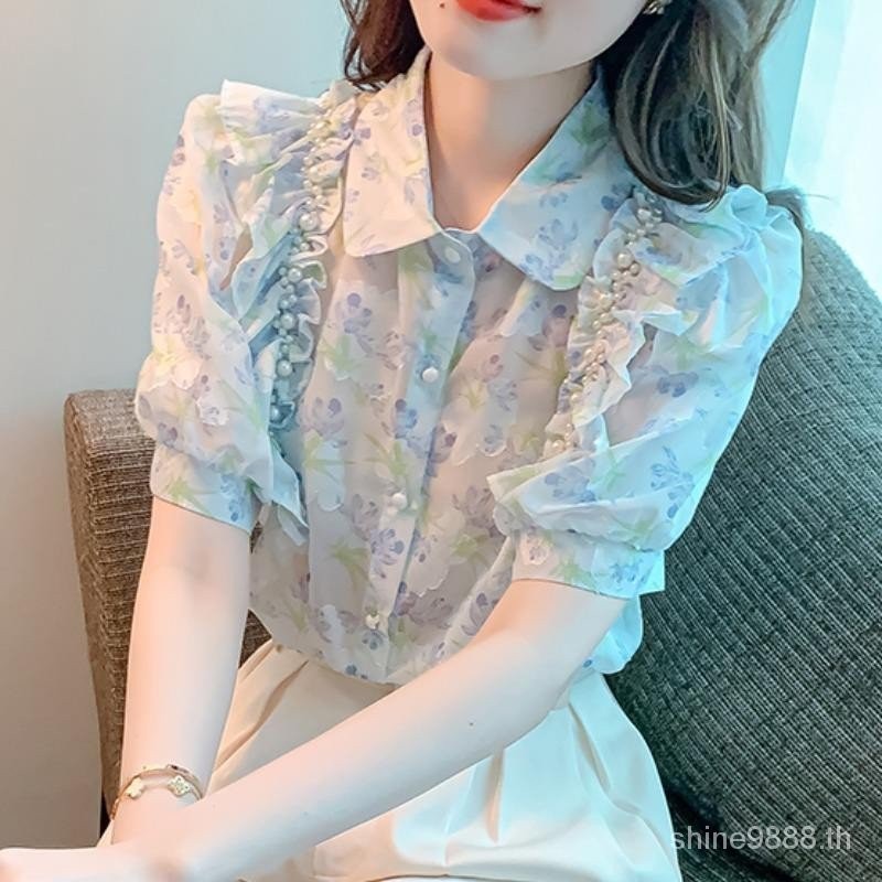 เสื้อเชิ้ตแขนพัฟ ผ้าชีฟอง ประดับลูกปัด ลายดอกไม้ สไตล์ฝรั่งเศส แฟชั่นฤดูร้อน สําหรับผู้หญิง 8ZGA 2023