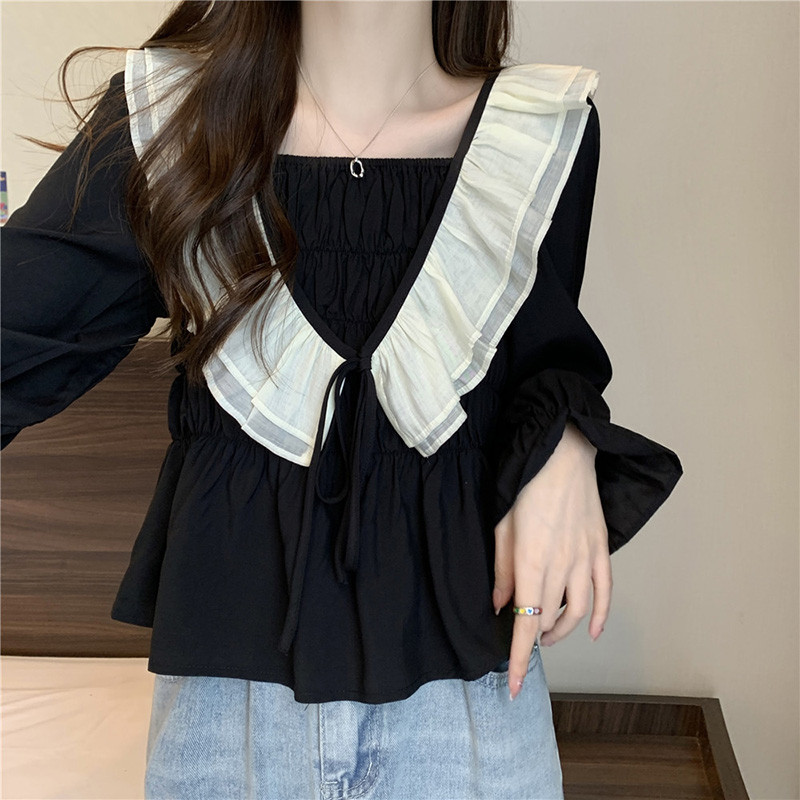 เสื้อครอปท็อปแขนยาว คอสี่เหลี่ยม แต่งระบาย แฟชั่นฤดูใบไม้ผลิ สไตล์เกาหลี สําหรับผู้หญิง