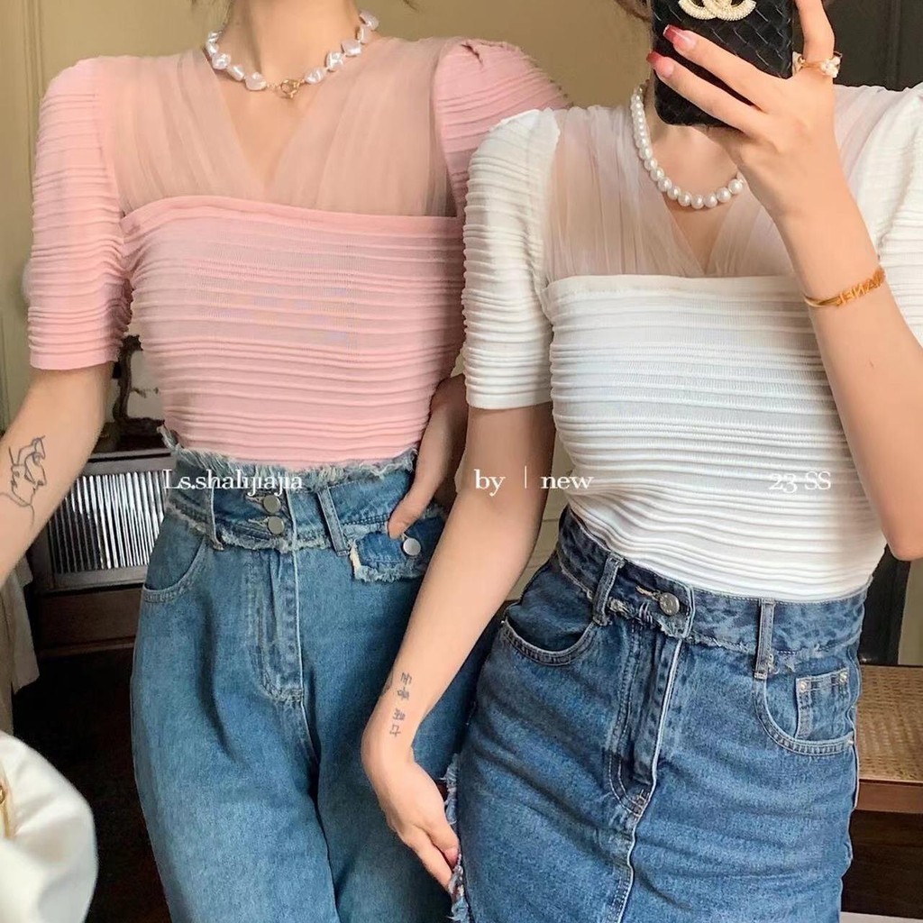 Dahong U341 เสื้อยืดแฟชั่นหญิง เวอร์ชั่นเกาหลีหวานและมีสไตล์เก๋สวยเสื้อแขนสั้นถักนิตติ้ง สลิมฟิต สไตล์ใหม่ หญิง